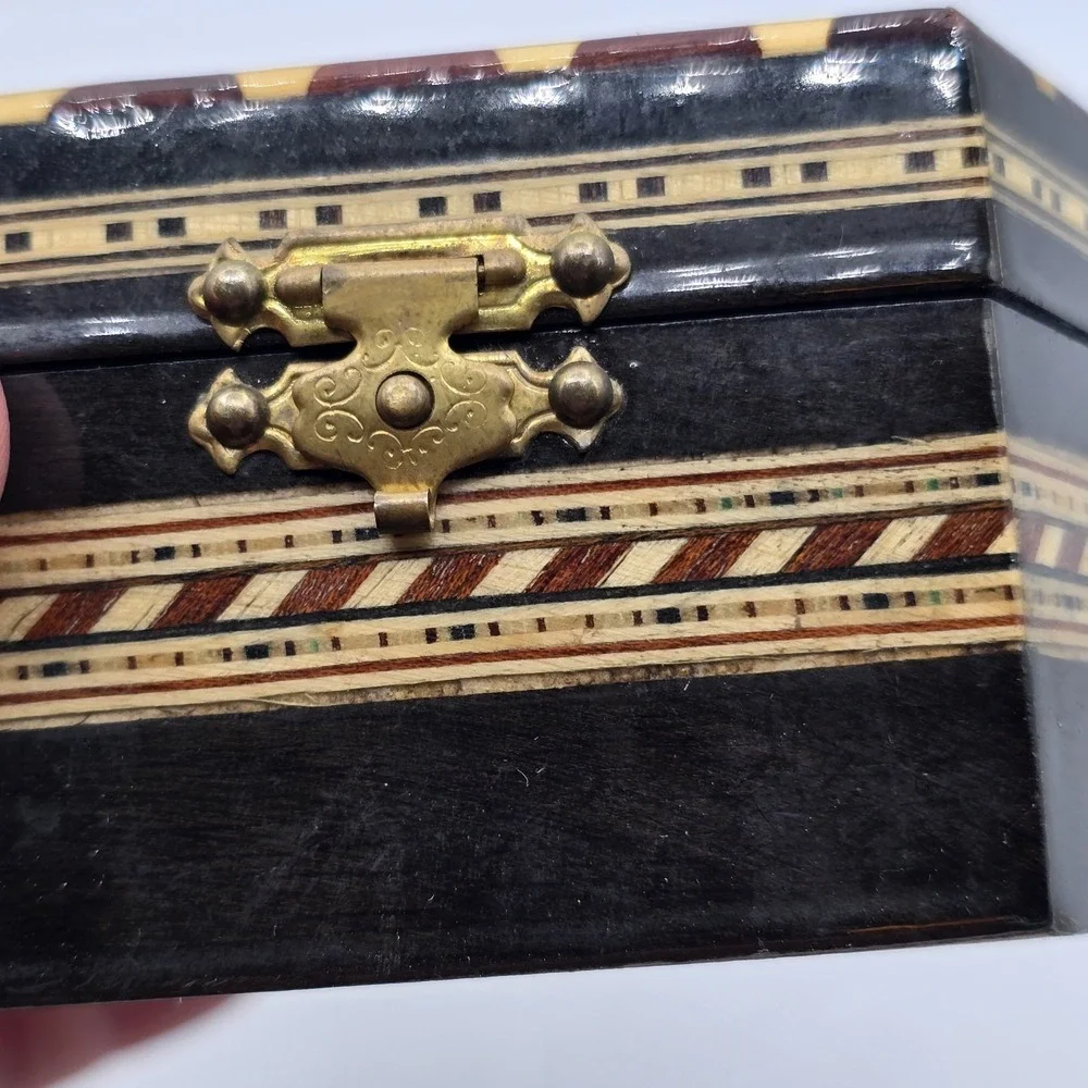 Vintage Moroccan Inlay‎ Wood Jewelry Box Geometric Marquetry Hexagon